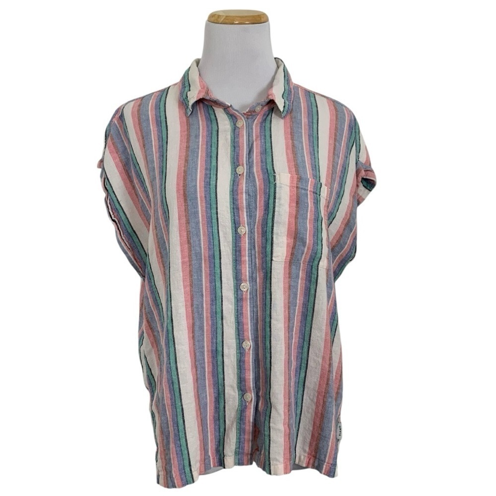 Orvis Linen Rayon Striped Cap Sleeve Button Front Shirt Women’s Size Large